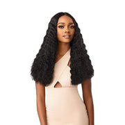 OUTRE long black deep wave lace front synthetic wig on model with center part and natural hairline