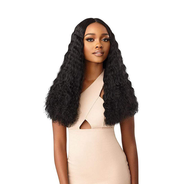 OUTRE long black deep wave lace front synthetic wig on model with center part and natural hairline