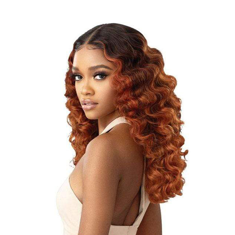 OUTRE melted hairline synthetic lace front wig long deep waves ombre copper brown on model