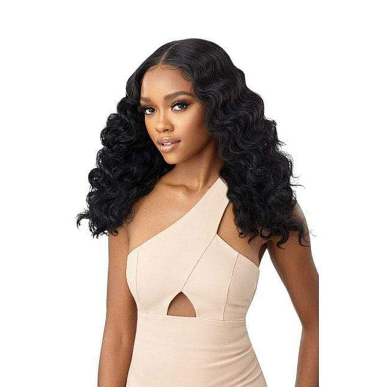 OUTRE wig long black loose waves on model with center part melted hairline synthetic lace front wig for natural look