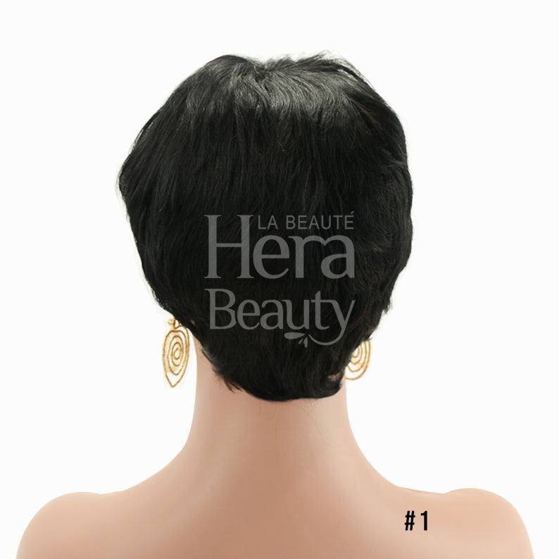OUTRE premium human hair pixie mohawk wig back view in natural black on mannequin with earrings