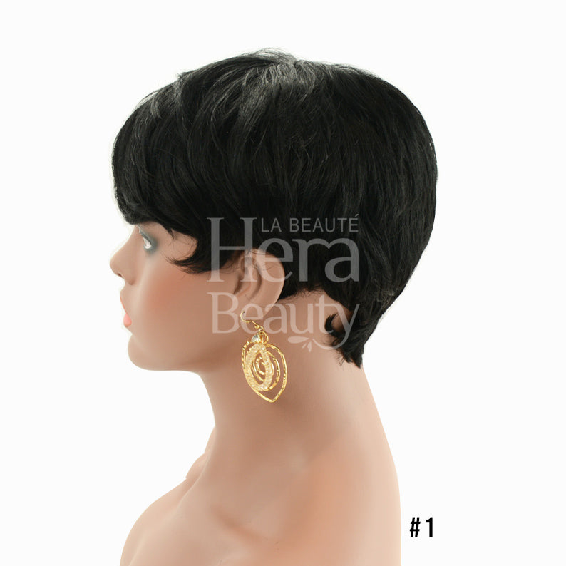 OUTRE premium human hair pixie mohawk wig in natural black short pixie profile view on mannequin with gold earring