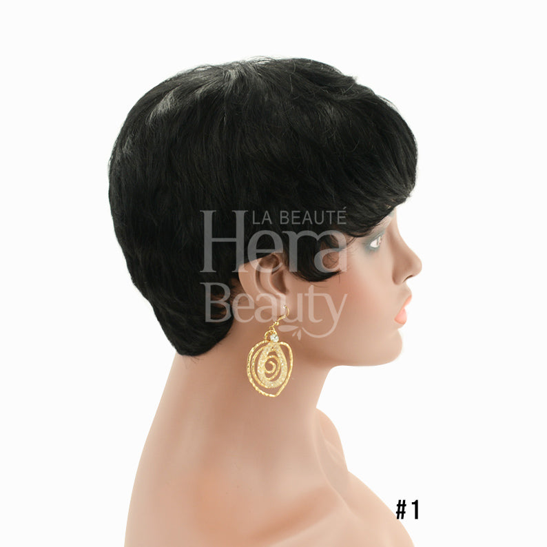 OUTRE premium human hair pixie mohawk wig in jet black on mannequin head short textured pixie cut