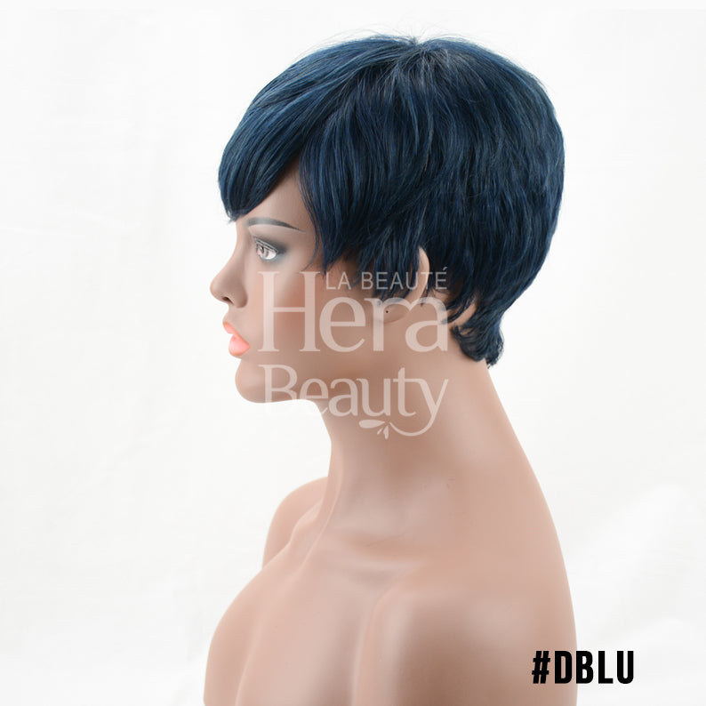 OUTRE premium human hair pixie mohawk wig in dark blue shown on mannequin side profile short layered cut