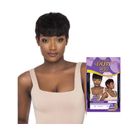 OUTRE premium human hair pixie mohawk wig in natural black on model with product packaging