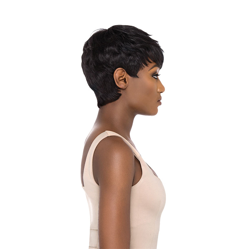 Side profile model wearing OUTRE premium human hair pixie mohawk wig in short black textured pixie cut