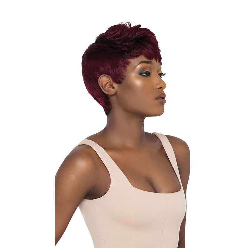 OUTRE premium human hair pixie mohawk wig in burgundy on model with textured tapered sides