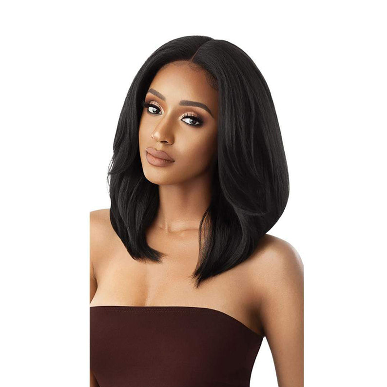 OUTRE soft natural synthetic lace front wig mid length black bob with center part and smooth texture