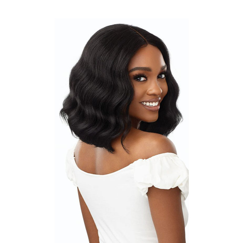 OUTRE synthetic lace front wig black wavy shoulder length bob with middle part and natural hairline