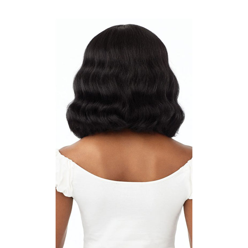 OUTRE synthetic lace front wig black wavy shoulder length bob shown from back on model wearing white off shoulder top