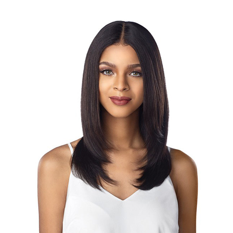 SENSATIONNEL unprocessed virgin human hair wig straight shoulder length center part natural black sleek style for everyday wear