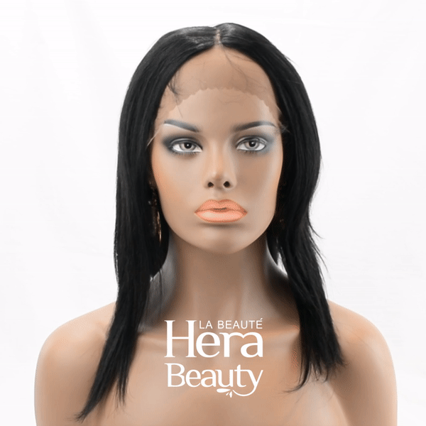 Black straight lace front wig on mannequin by SENSATIONNEL unprocessed virgin human hair wig with center part