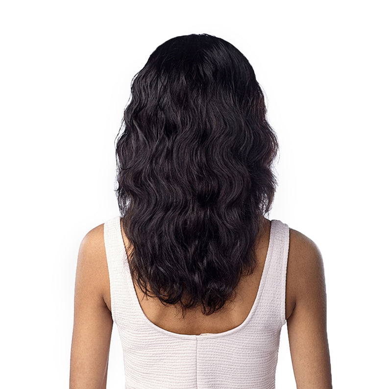 SENSATIONNEL virgin human hair lace wig mid length natural wavy black hair shown from back on model