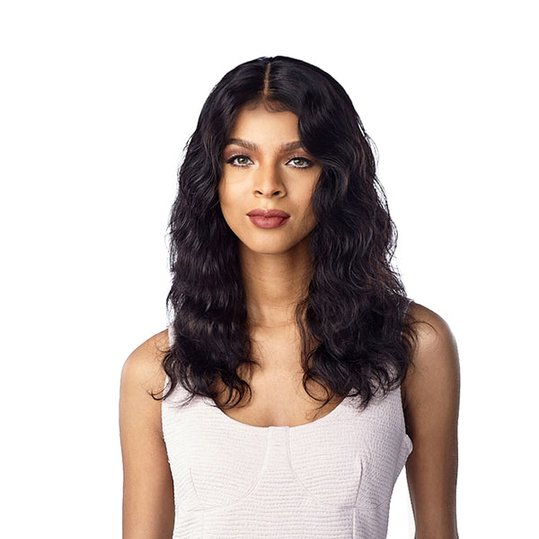 SENSATIONNEL wavy shoulder length natural black virgin human hair lace wig with middle part on model