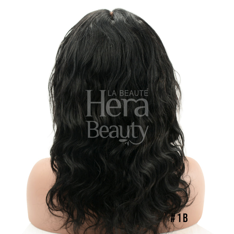 Back view SENSATIONNEL virgin human hair lace wig in natural wavy shoulder length black 1B