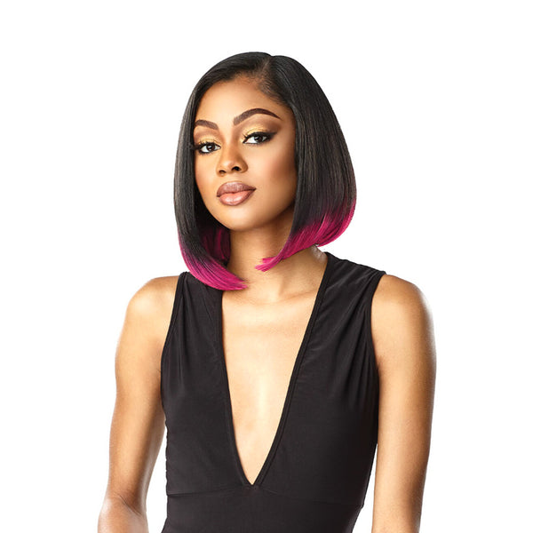 SENSATIONNEL synthetic lace front wig straight bob with black to magenta ombre and center part