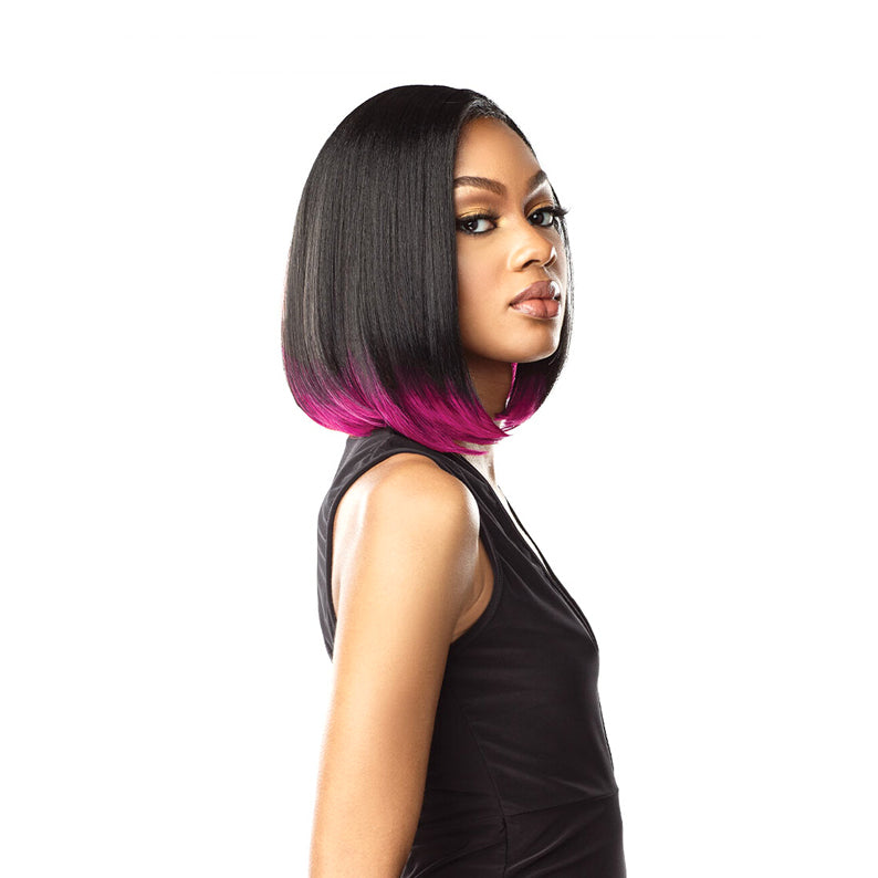SENSATIONNEL synthetic lace front wig sleek straight black bob with vibrant pink ombre ends shoulder length