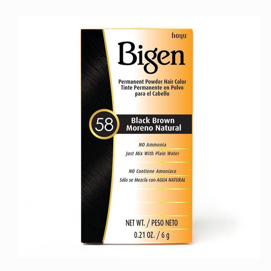 Bigen permanent powder hair dye box in Black Brown 58 with no ammonia and 0.21 oz weight