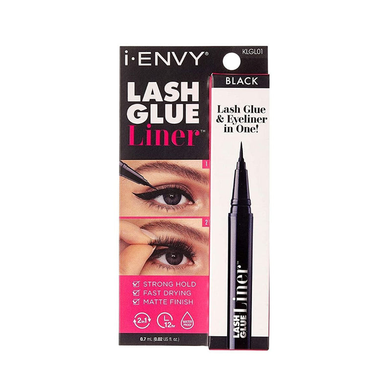 IVY BEAUTY by KISS iENVY Lash Glue Liner pen with fine tip and boxed packaging showing application lash glue eyeliner black