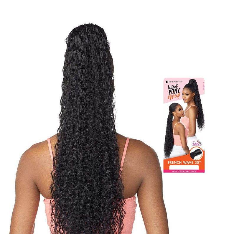 SENSATIONNEL Instant ponytail wrap French wave 30 inch black wavy ponytail on model back with packaging