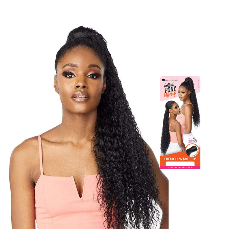 SENSATIONNEL model wearing Instant ponytail wrap French wave 30 inch in long black high ponytail with packaging