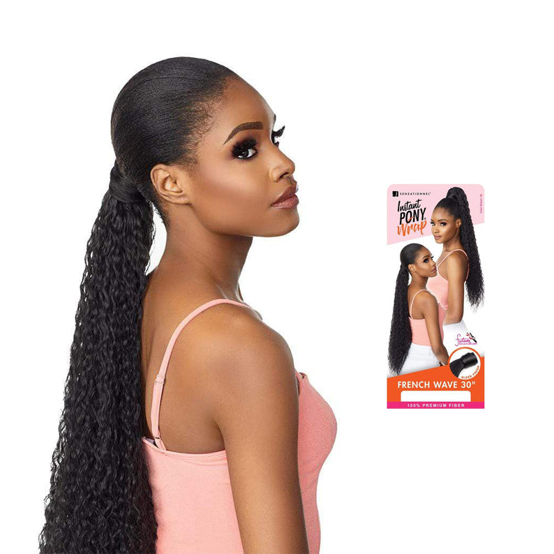 SENSATIONNEL model wearing Instant ponytail wrap French wave 30 inch. Long sleek high ponytail with deep waves