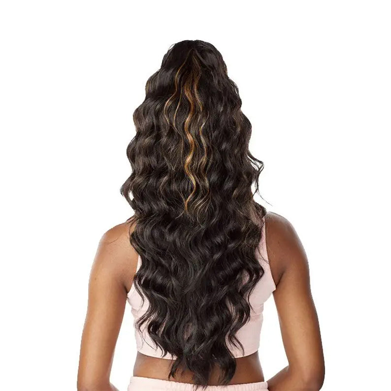 SENSATIONNEL synthetic up and down ponytail wig long wavy dark brown with caramel highlights back view