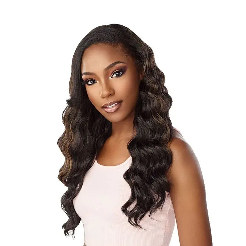 SENSATIONNEL synthetic up and down ponytail wig long wavy dark brown with subtle highlights on model