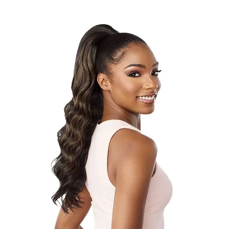 SENSATIONNEL synthetic up and down ponytail wig long wavy high ponytail on smiling model