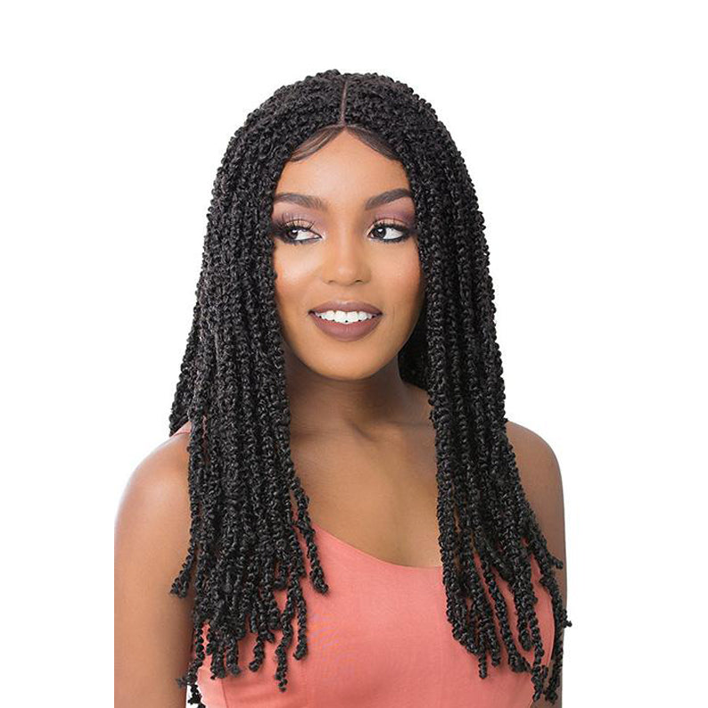 Black water wave twist wig 24 inch on model with center part lace front and natural hairline