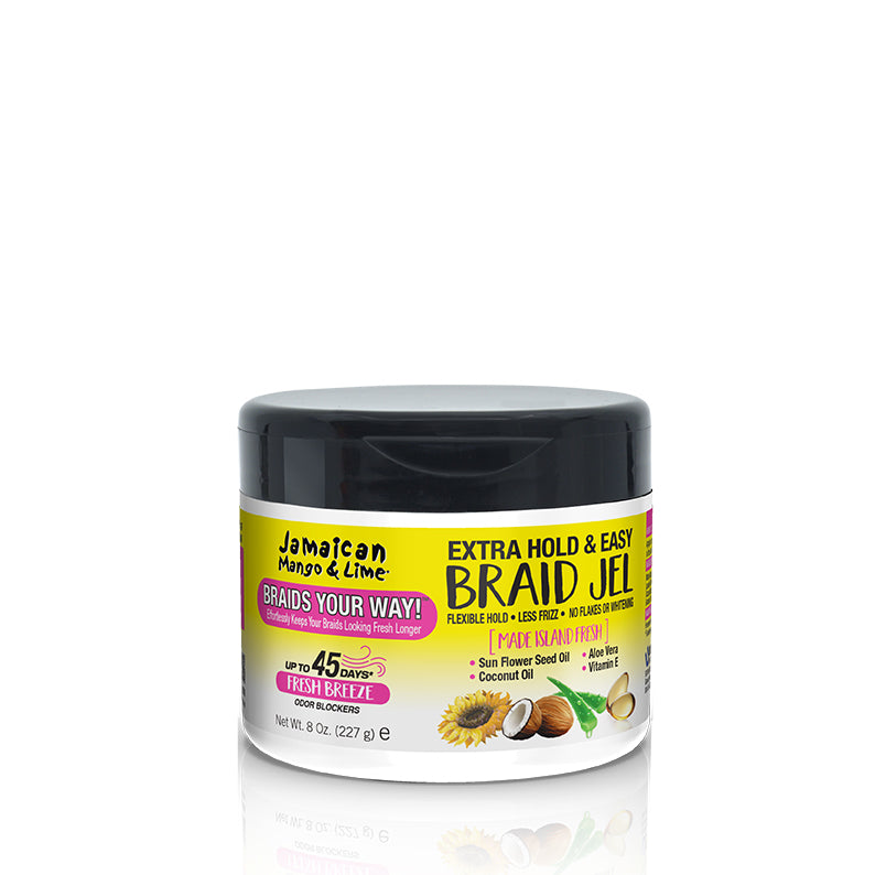 Jamaican Mango and Lime jar of extra hold braid gel for braids and twist styles with sunflower and coconut oils