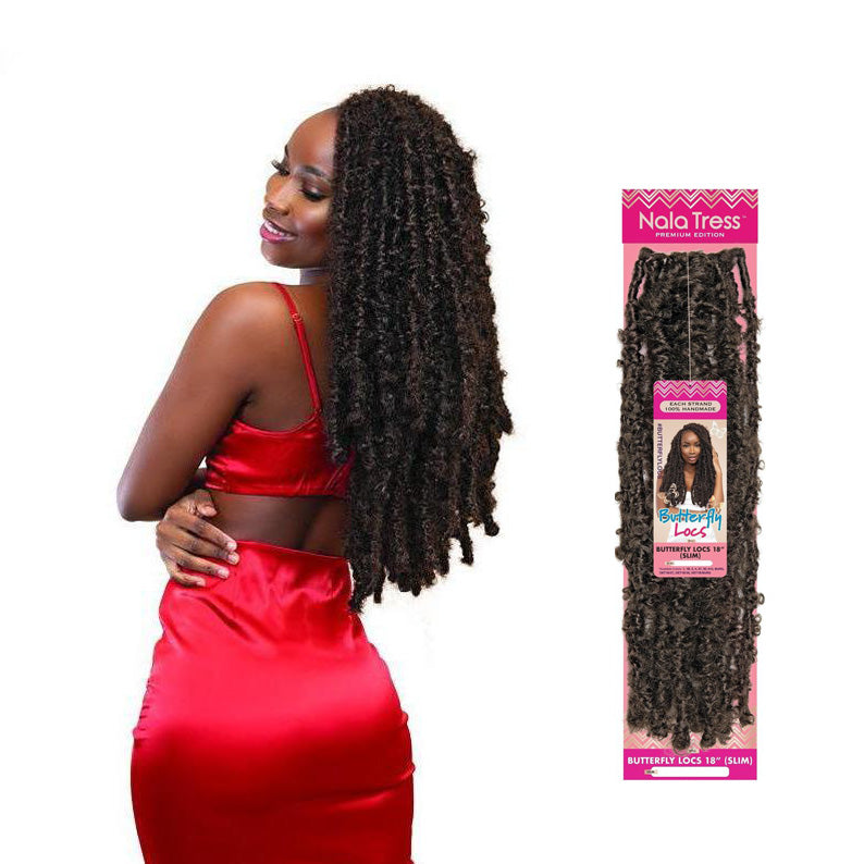 Janet Collection Nala Tress Butterfly Locs braid shown on model with long curly black hair and product packaging
