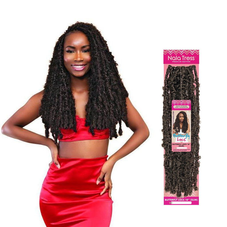 Janet Collection Nala Tress Butterfly Locs braid shown on model with long curly black hair and packaging