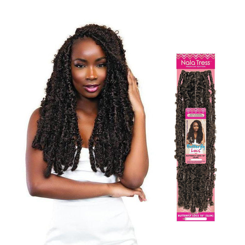 Janet Collection Nala Tress Butterfly Locs braid in dark curly style displayed with model and packaging