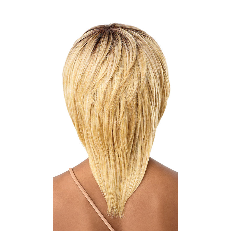 OUTRE Jovi synthetic full cap wig back view blonde layered straight texture with tapered nape