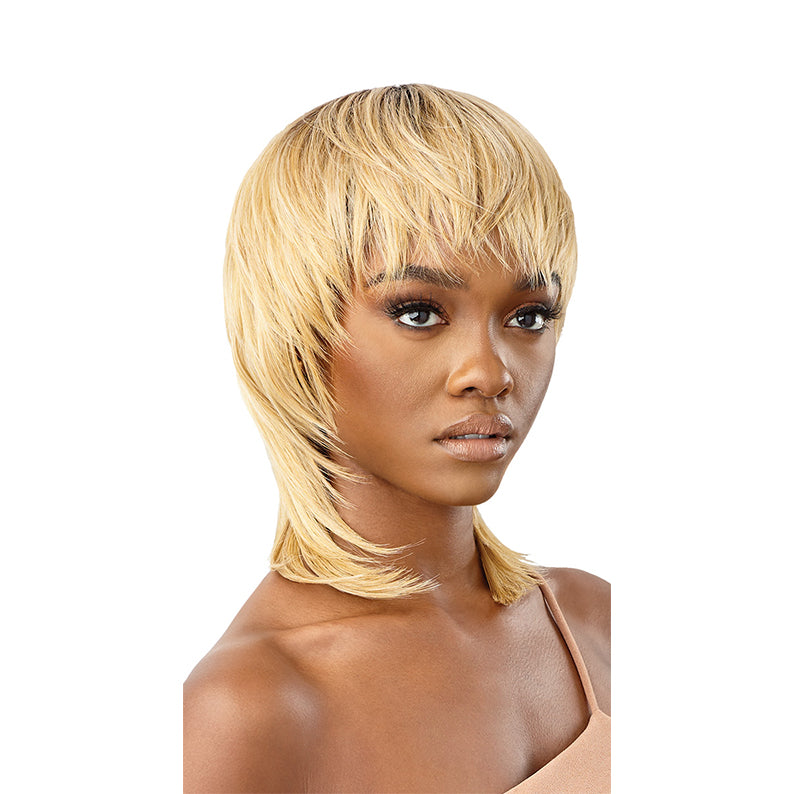 OUTRE Jovi synthetic full cap wig blonde layered shag mullet with wispy bangs smooth synthetic fibers