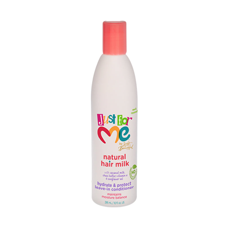 White bottle with pink cap of just for me natural hair milk leave-in conditioner for hydration and protection