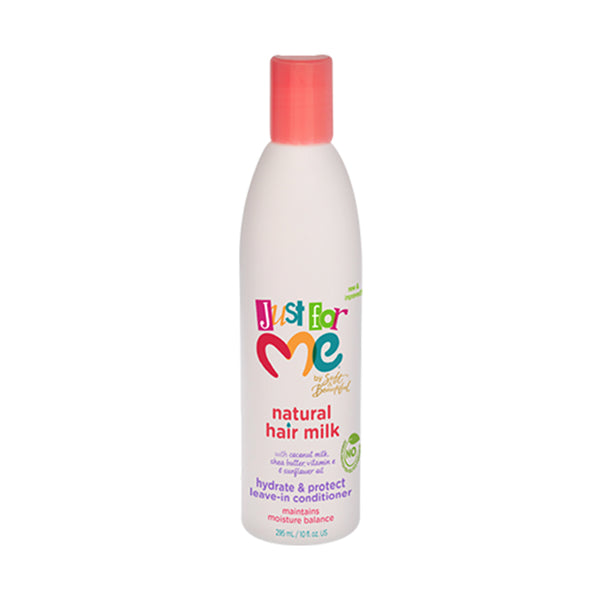 White bottle with pink cap of just for me natural hair milk leave-in conditioner for hydration and protection