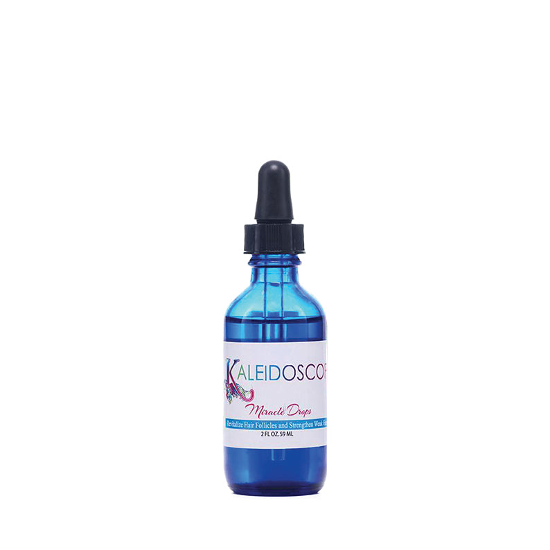 Blue glass dropper bottle labeled Kaleidoscope Miracle Drops for hair growth scalp serum for thinning hair