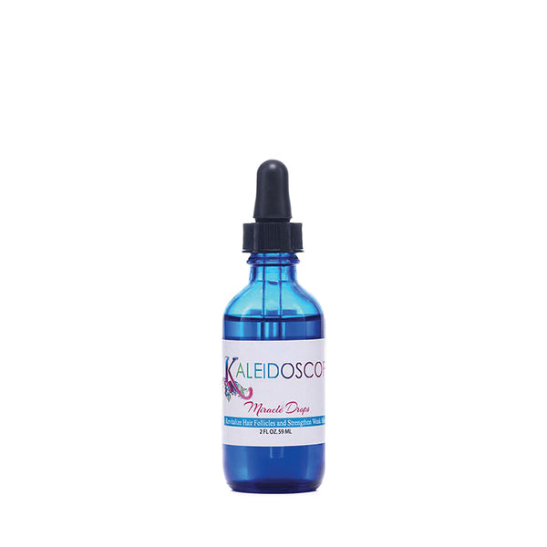 Blue glass dropper bottle labeled Kaleidoscope Miracle Drops for hair growth scalp serum for thinning hair