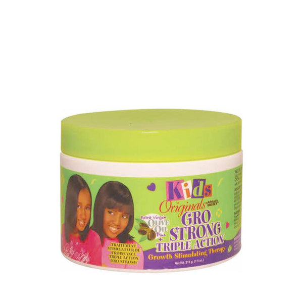 Africas Best kids hair growth treatment Gro Strong jar with green lid and smiling girls on label