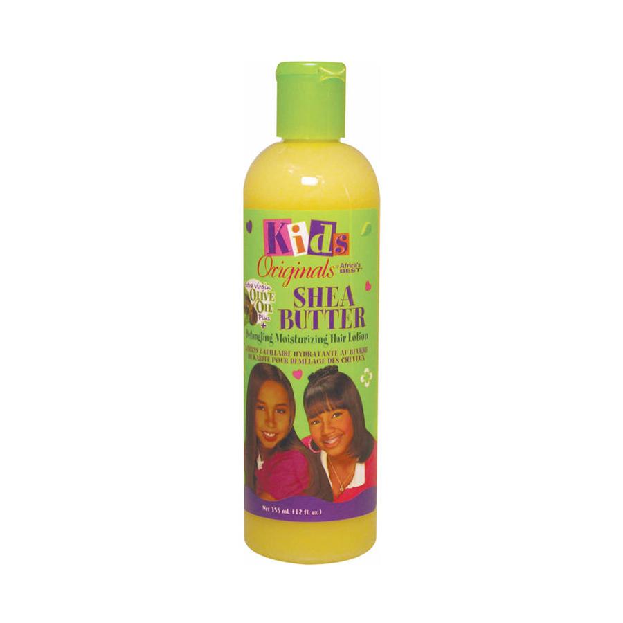 Africas Best kids shea butter hair lotion yellow bottle with green cap and smiling girls on label