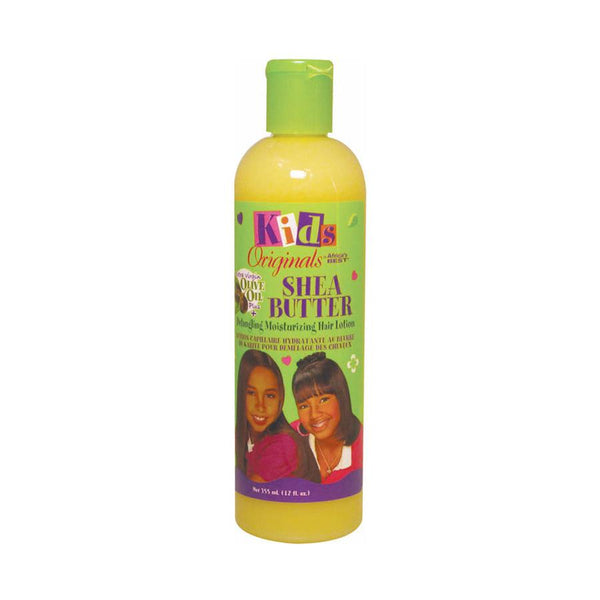 Africas Best kids shea butter hair lotion yellow bottle with green cap and smiling girls on label
