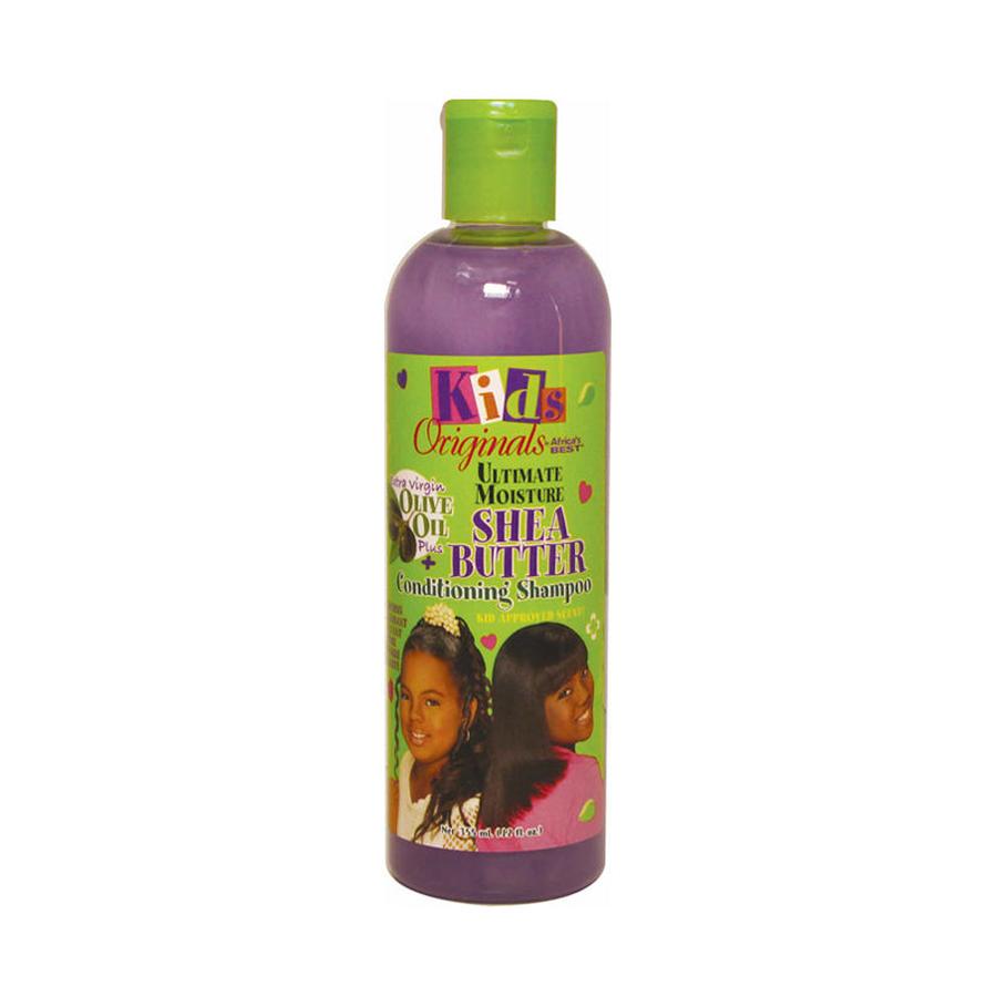 AFRICAS BEST kids shea butter shampoo purple bottle with green label featuring two girls and moisturizing formula