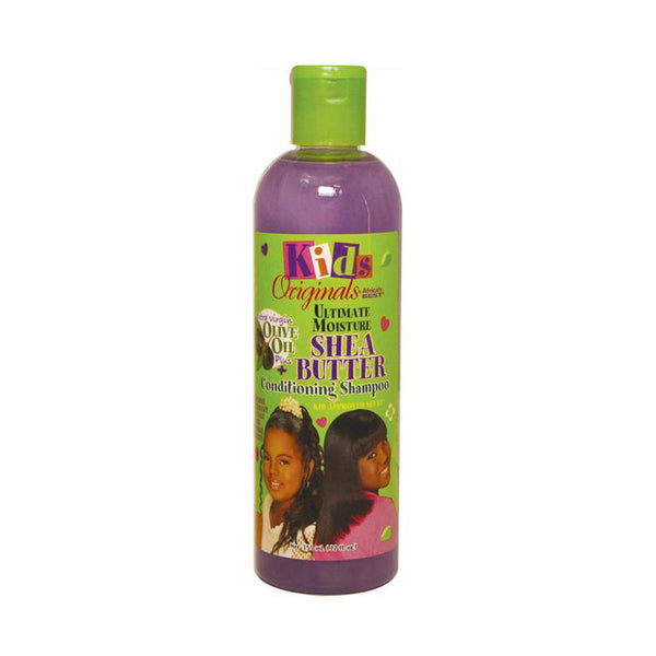 AFRICAS BEST kids shea butter shampoo purple bottle with green label featuring two girls and moisturizing formula