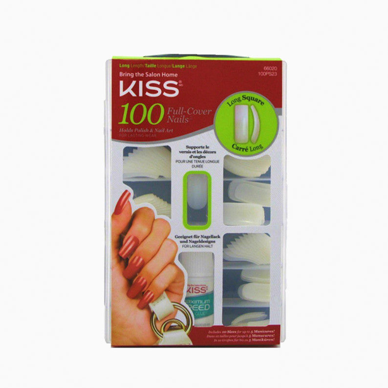 IVY BEAUTY by KISS package showing KISS acrylic nail tips 100 full cover long square nails with manicured hand