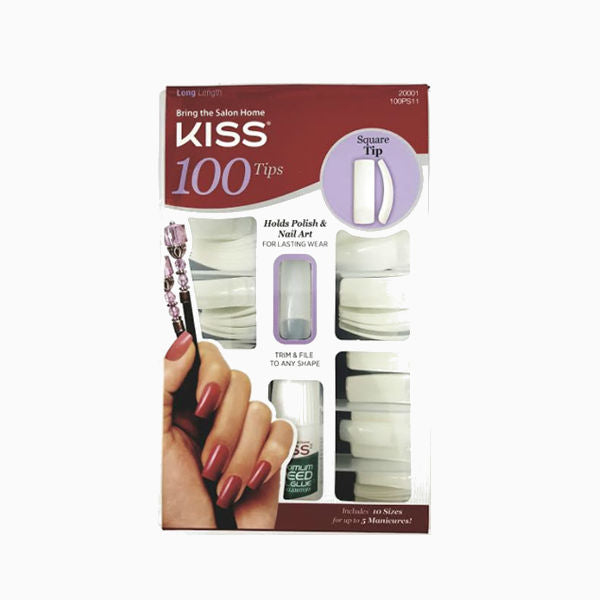 KISS acrylic nail tips box 100 long square tips white natural look displayed with mauve manicure