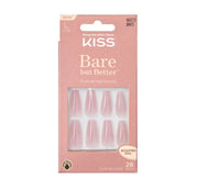 Kiss Bare But Better press on nails packaging showing nude almond sculpted nails set 28 pieces