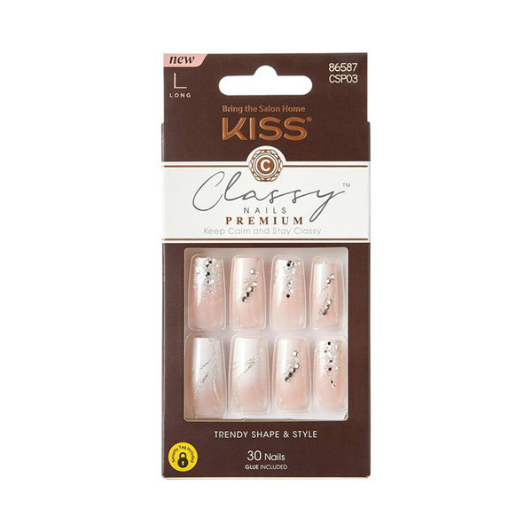 Kiss Classy premium press on nails. IVY BEAUTY by KISS long pale pink nails with silver rhinestones 30 nails glue included