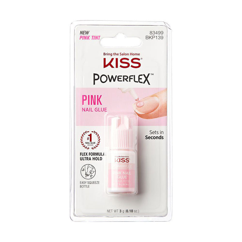 Kiss Powerflex pink nail glue small pink tint bottle in blister pack for fast nail repairs and sets in seconds